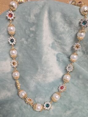 Gold-Tone Glass Pearl Necklace with Multicolor Floral Accents